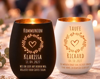 Personalized wreath-shaped candle holder with heart for baptism or communion | With occasion, name, date & saying | Baptism gift | Communion gift