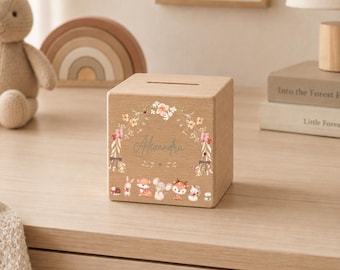 Personalisierte Spardose Holz mit Namen | Regenbogen Blumen | Kinder Sparschwein | Geschenk Geburt Taufe Geburtstag | Sparbüchse mit Schloss