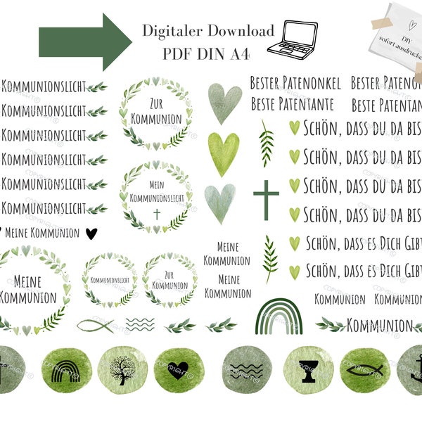 Digitaler Download Kommunion PDF Datei Kerzentattoo Kranz christliche Motive Patentante Patenonkel Kommunionslicht 55 Motive Stabkerzen