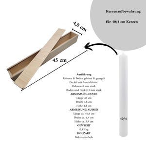 May include: A wooden box with a lid, measuring 45 inches long and 4.8 inches wide, designed to store candles. The box is made of birch plywood and has a natural wood finish. The text "Kerzenaufbewahrung f&uuml;r 40/4 cm Kerzen" is printed on the box.