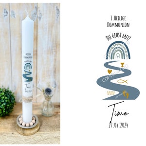 Communion candle "You go with me" rainbow eucalyptus "Timo" path cross fish feet waves heart chalice flowers tendril blue green gold baptism candle