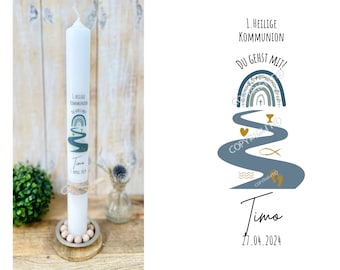 Communion candle "You go with me" rainbow eucalyptus "Timo" path cross fish feet waves heart chalice flowers tendril blue green gold baptism candle