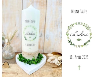 Baptism candle eucalyptus wreath fish green *Lukas* Communion candle Confirmation candle for boys girls with name and date