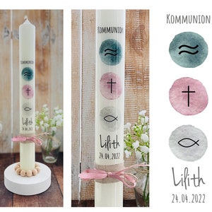 Kommunionkerze christliche Symbole „Lilith“ Skandi watercolor aquarell  WellenTaufkerze Kreuz Fisch rosa altrosa grün grau silber Jute