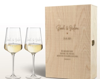 Leonardo Personalized Wine Glasses in Wooden Box | Engraved Keepsake Box - Wedding Gifts, Engagement, Anniversary