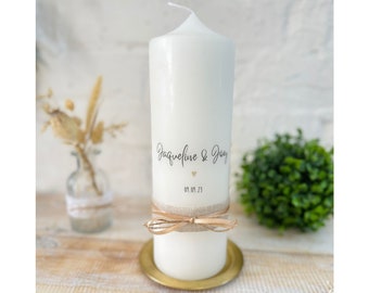 Wedding candle *Meike* with mini heart gold minimalist simple calligraphy with jute & cord