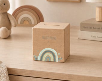 Personalisierte Spardose Holz mit Namen | Regenbogen grün | Kinder Sparschwein | Geschenk Geburt Taufe Geburtstag | Sparbüchse mit Schloss