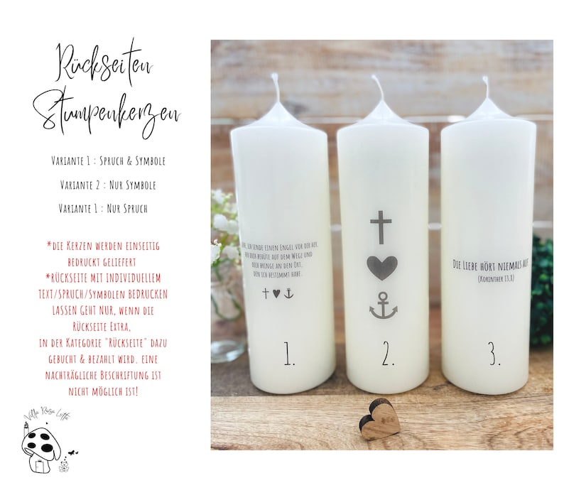 May include: Three white pillar candles with different designs on the back. The first candle has a cross, heart, and anchor. The second candle has a cross, heart, and anchor. The third candle has the text "DUE LIEBE H&Ouml;RT NIEMALS AUF (KORINTHIER 13.13)".