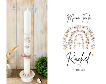 Candela per battesimo personalizzata con nome e data · Fiori arcobaleno · Candela stretta 40/4 · Può essere utilizzata in seguito per la prima comunione · Rachel