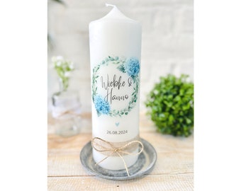 Wedding candle "Wiebke" leaf wreath | wreath | Eucalyptus | heart | Hydrangeas | blue