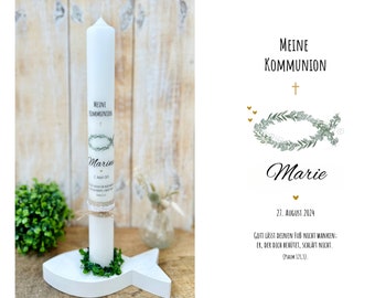 Bougie de communion « Marina eucalyptus poisson dentelle blanche » croix de poisson couronne d'or verte bougie de baptême d'eucalyptus bougie de confirmation personnalisée