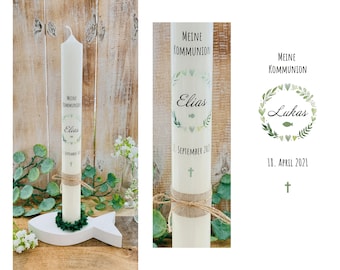 Communion Candle Baptismal Candle Leaf Heart Wreath *Lukas* watercolor handlettering Wreath Twigs Leaves Heart Fish Cross green light green rustic