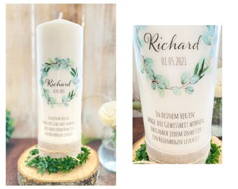 Baptism candle, communion candle, confirmation candle “Richard” eucalyptus wreath & saying eucalyptus leaf wreath May there be certainty in your heart