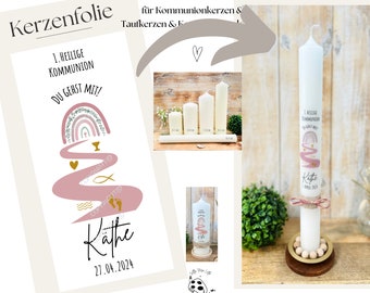 Tatouage de bougie en feuille de bougie Vous optez pour "Käthe Fisch | Croix | or | Calice | Bougie de communion | Bougie de baptême - autocollant de bougie personnalisé DIY