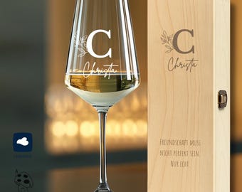 Gegraveerd wijnglas + houten doos · Gepersonaliseerde geschenkset · Cadeau voor vriendin, bruidsmeisje en moeder · Verjaardag, Kerstmis · 560 ml