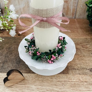 Flower wreath Florentina pink communion candle + baptism candle candle wreath leaf wreath boxwood candle ring candle holder berries flowers drip protection