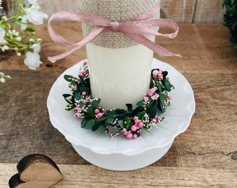 Flower wreath Florentina pink communion candle + baptism candle candle wreath leaf wreath boxwood candle ring candle holder berries blossoms drip protection
