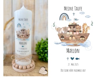 Baptismal candle Noah&#39;s Ark boat | ship | rainbow with/without saying communion candle confirmation candle for boys girls names date &quot;Marlon&quot;
