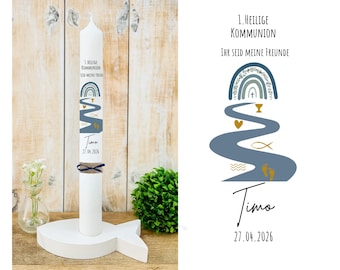 Communion candle for a boy, motto 2027 "Our celebration with Jesus", rainbow, eucalyptus, cross, fish, feet, heart, chalice, flowers, blue, green, gold, baptismal candle
