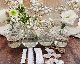 Set mini vasi *Vera* piccoli vasi in vetro con cordoncino di iuta e pizzo bianco per decorare fai da te -fai da te- BOHO vintage con cuori in legno