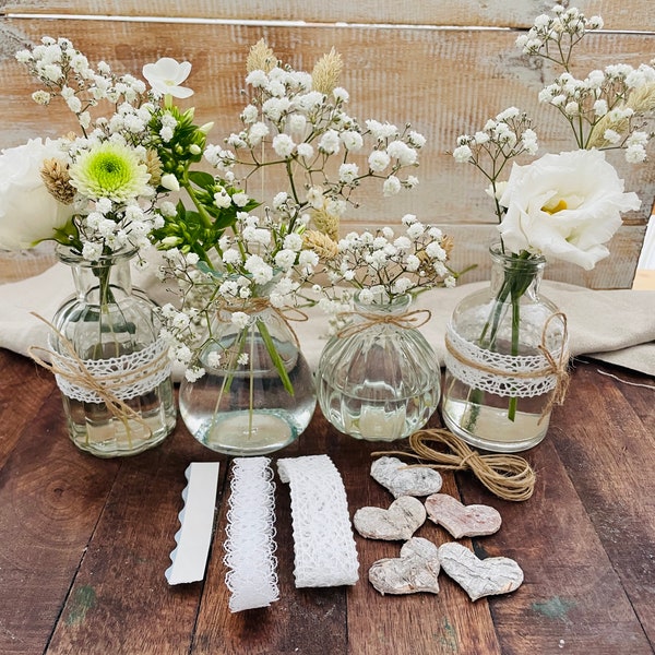 Mini vase set *Vera* small glass vases with jute cord & white lace for decorating diy -do it yourself- BOHO vintage with wooden hearts