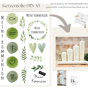 Kaarsfolie, kaarstattoo, hartkrans "2000", krans groene aquarel * Communiekaars * - DIY