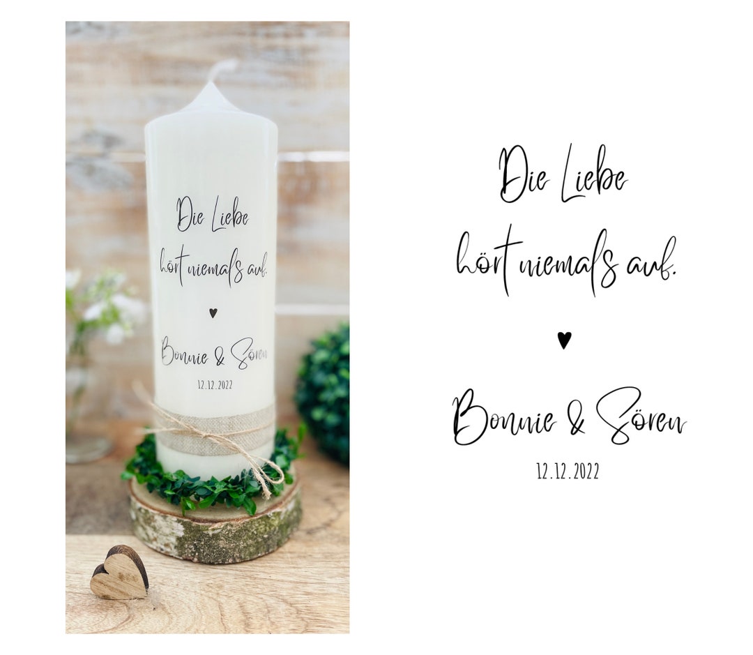 Hochzeitskerze Bonnie mit Spruch Die Liebe hört niemals auf