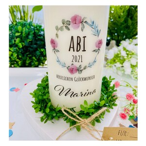 Personalisiertes Geschenk zum bestandenen Abitur *Marina" Blumenkranz Pfingstrosen Glückwunsch personalisierte Kerze mit Namen abike7