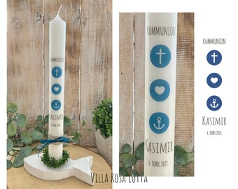 Kommunionkerze Taufkerze „Kasimir“ christliche Symbole Kreuz Herz Anker mit Namen Datum blau dunkelblau mittelblau grau silber Jute vintage