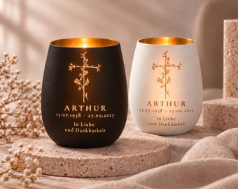 Personalized memorial candle with cross and flowers | Memorial candle with name & date | Remembrance candle for the deceased | Christian lantern