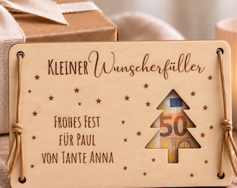 Personalisiertes Geldgeschenk Weihnachten | Wunscherfüller aus Holz mit Tannenbaum | Geldscheinhalter mit Wunschtext