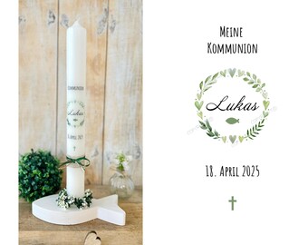 Communion candle wreath eucalyptus *Lukas* baptism candle watercolor handlettering branches heart fish cross green light green rustic