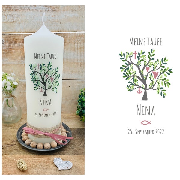 Baptism candle, communion candle, confirmation candle, tree of life *Nina old pink * Christian symbols dove fish cross anchor heart tree of life green