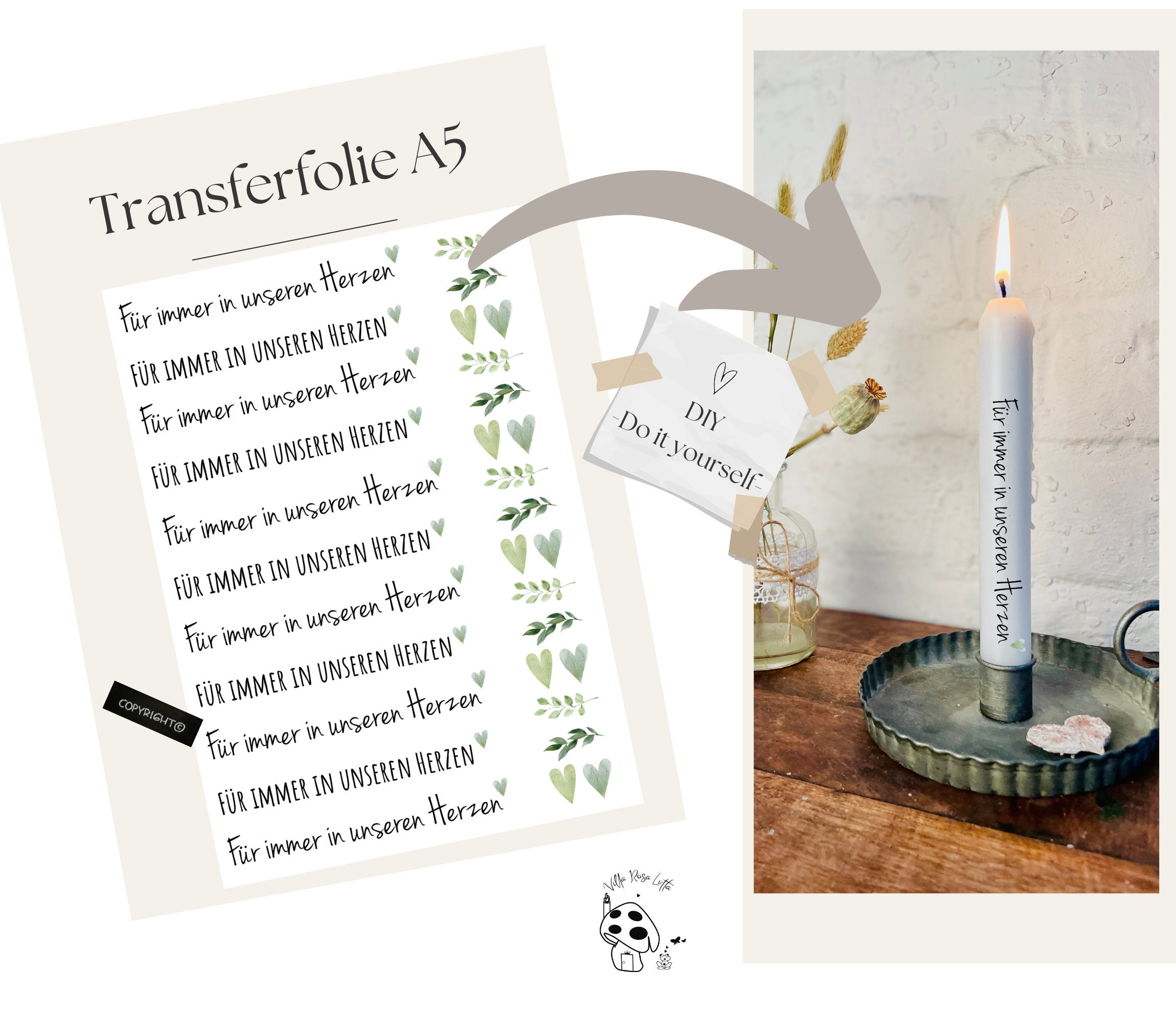 Tatouage de bougie en feuille de bougie "3003 Pour toujours dans nos coeurs" coeur & eucalyptus - vert | Service funéraire | Bougie de deuil | Bougies en bâton DIY