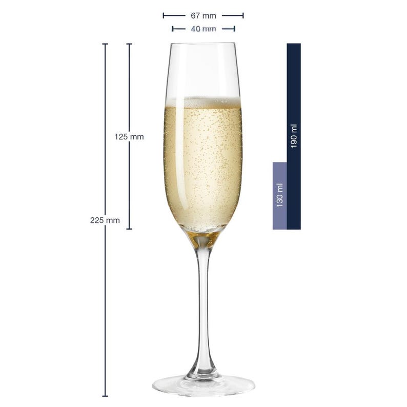 K&ouml;nnte beinhalten: Eine klare Champagnerfl&ouml;te aus Glas, gef&uuml;llt mit prickelndem Champagner. Die Fl&ouml;te ist 23 cm hoch und 4 cm breit an der Oberseite. Das Glas fasst 190 ml Fl&uuml;ssigkeit.