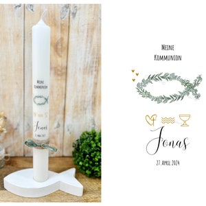 Communion candle “Jonas Fisch” cross chalice waves heart green gold wreath eucalyptus baptism candle confirmation candle personalized