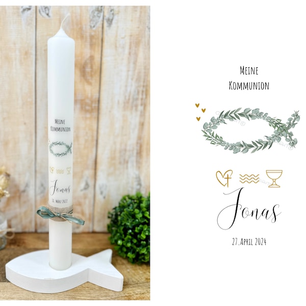 Vela de comunión "Jonas Fisch" cruz cáliz ondas corazón corona de oro verde eucalipto bautismo vela de confirmación personalizada