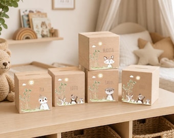 Personalized wooden money box with name | Woodland animals | Children's piggy bank | Gift for birth, christening, or birthday | Money box with lock