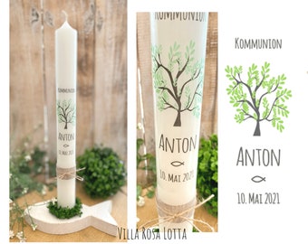 Communion candle, baptismal candle, tree of life, tree of life *Anton* heart name personalized green light green gray jute cord naturally simple