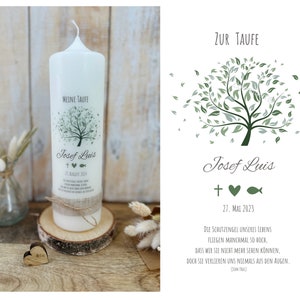 Baptism candle, communion candle, confirmation candle, tree of life *Josef* with saying watercolor tree | Leaves fish heart cross green | nature | wreath