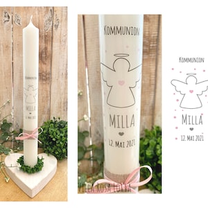 Kommunionkerze Schutzengel *Milla* - Engel kleinen Pünktchen Taufkerze Herz Namen personalisiert rosa grau Jute Kordel natürlich schlicht