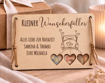 Personalisiertes Geldgeschenk Hochzeit | Wunscherfüller aus Holz mit Hochzeitsauto | Geldscheinhalter für Brautpaar & Flitterwochen