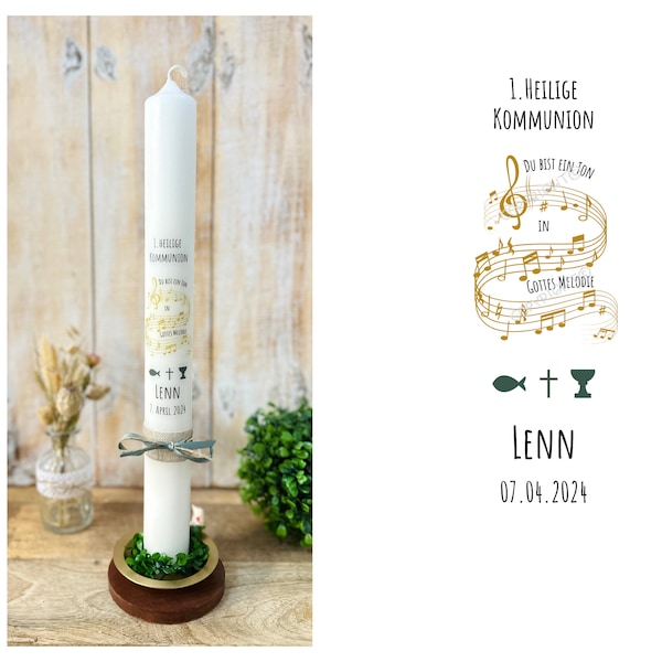 Communion candle "You are a tone in God's melody" scale notes clef cross "Lenn" gold green baptism candle fish cross chalice