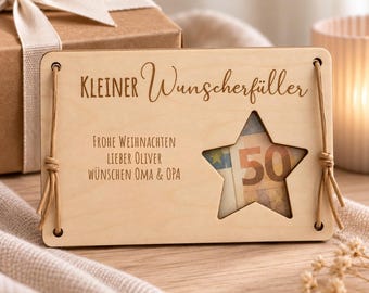 Personalisiertes Geldgeschenk | Wunscherfüller Stern aus Holz mit Wunschtext | Geldscheinhalter für Weihnachten & Geburtstag
