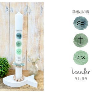 Communion candle baptism candle “Leander” watercolor / watercolor Christian symbols waves water cross fish blue green with