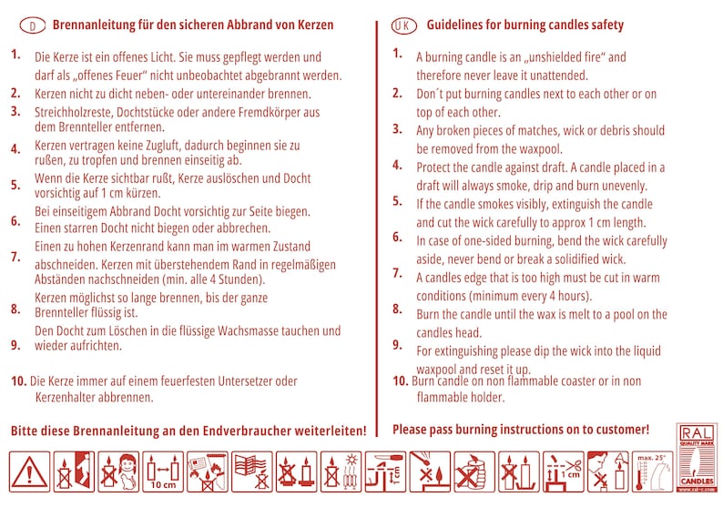 May include: Red and white illustrated safety instructions for burning candles. The instructions are in German and English. The image includes a warning symbol and several icons depicting safe candle use.