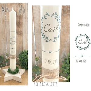 Communion candle wreath star baptism candle &quot;Carl&quot; candle stars branches leaves green vintage rustic own saying 40/4 cm jute + cord natural