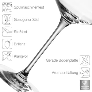 May include: A clear glass wine glass with a long stem and wide base. The image features seven icons with German text: Sp&uuml;lmaschinenfest, Gezogener Stiel, Sto&szlig;fest, Brillanz, Klangvoll, Gerade Bodenplatte, and Aromaentfaltung, plus a Teqton logo.