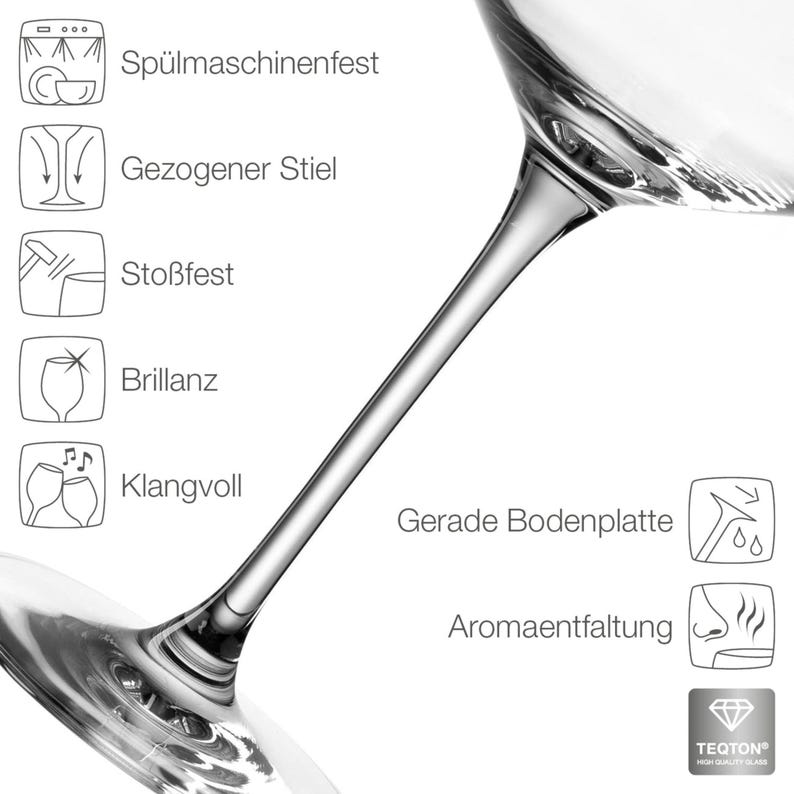 May include: A clear glass wine glass with a long stem and wide base. The image features seven icons with German text: Sp&uuml;lmaschinenfest, Gezogener Stiel, Sto&szlig;fest, Brillanz, Klangvoll, Gerade Bodenplatte, and Aromaentfaltung, plus a Teqton logo.