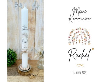 Communion candle, rainbow flowers, "Ronni with white lace", cross, fish, faith, love, hope, heart, anchor, flowers, vine, gold, baptismal candle